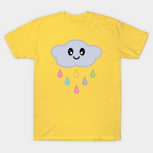 Kawaii Cute Rainbow Raindrop Rain Cloud in Yellow T-Shirt by Kelly Gigi